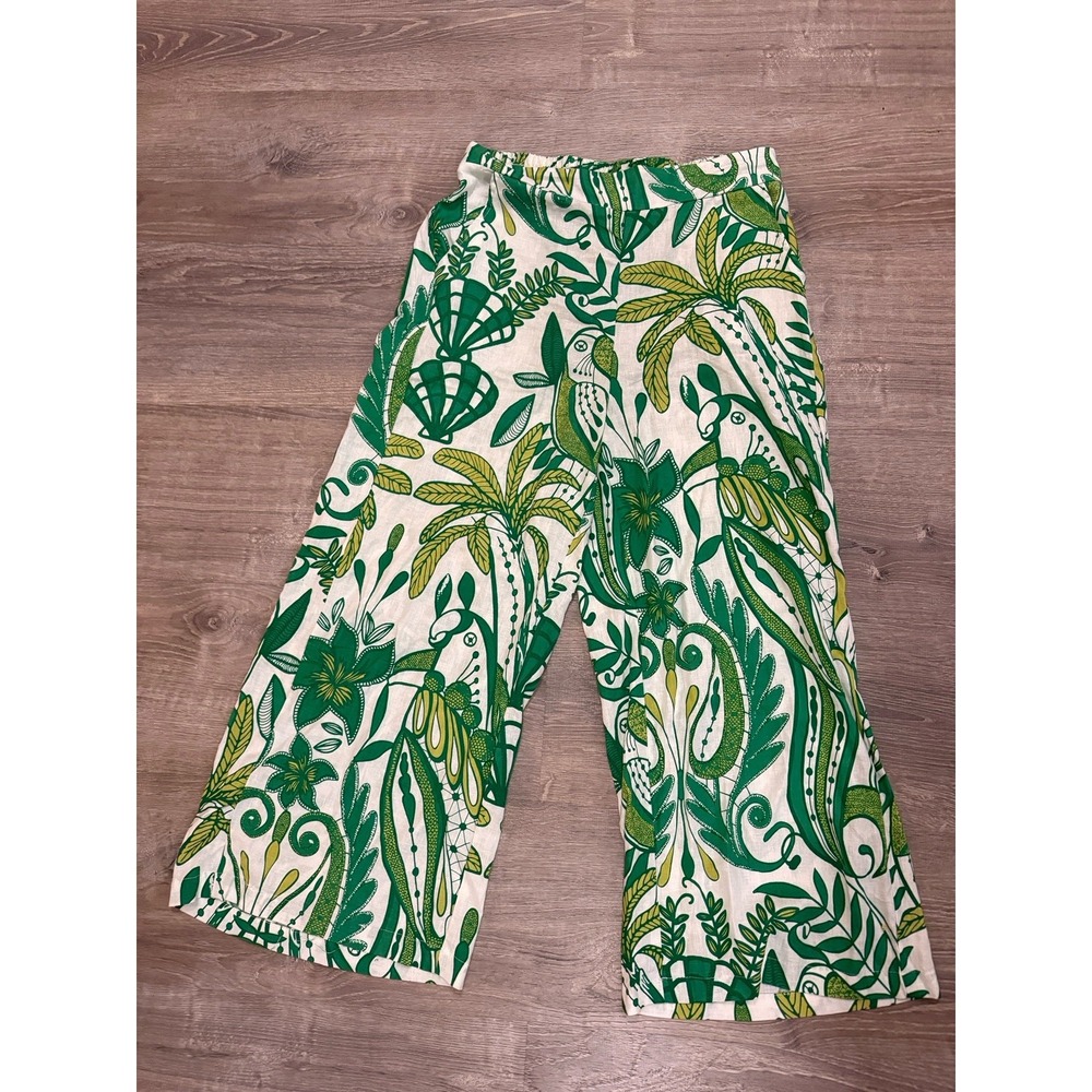 Rachel Zoe Pants Womens L Linen Tropical Print Wide Leg Cropped Elastic Waist
